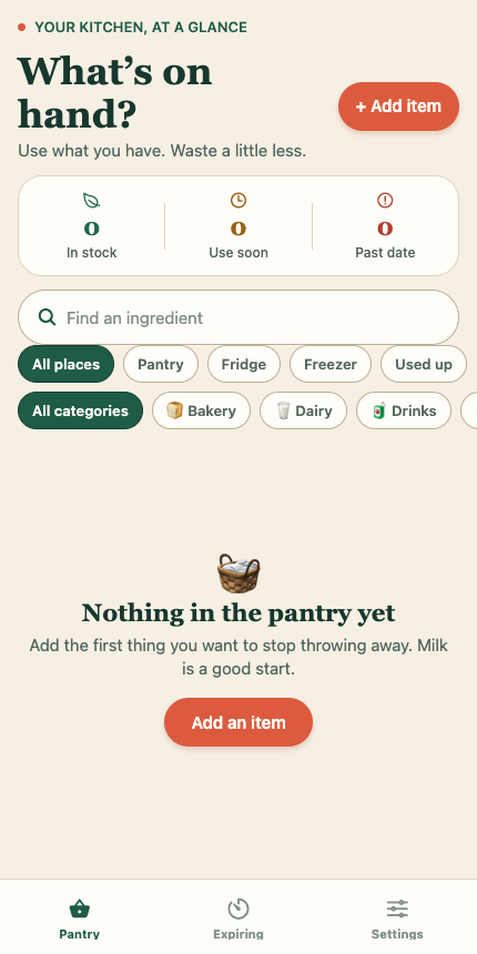 Live browser demo showing the initial pantry.